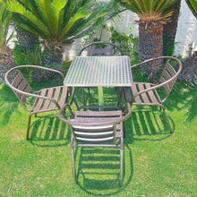 BTExpert Indoor Outdoor 23.75" Square Restaurant Table Stainless Steel Silver Aluminum + 4 Bronze Metal Aluminum Slat Stack Chairs Commercial