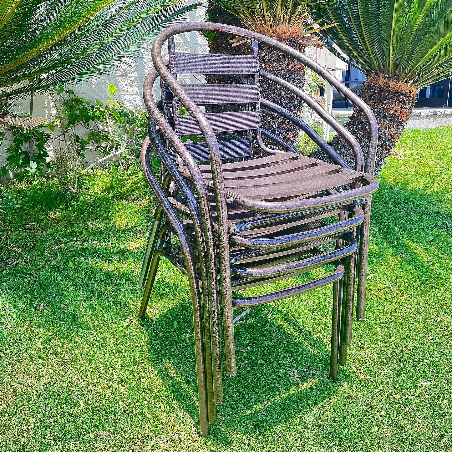 BTExpert 27.5" Square Restaurant Table Stainless Steel Silver Aluminum + 4 Bronze Metal Aluminum Slat Stack Chairs