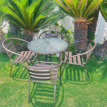 BTExpert Indoor Outdoor 28" Round Tempered Glass Metal Table Brown Rattan Trim + 4 Bronze Restaurant Metal Aluminum Slat Stack Chairs Lightweight
