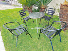BTExpert Indoor Outdoor 27.5" Round Restaurant Table Stainless Steel Silver Aluminum + 4 Black Metal Slat Stack Chairs Lightweight