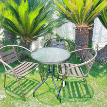 BTExpert Indoor Outdoor 23.75" Round Tempered Glass Metal Table Black + 3 Bronze Restaurant Metal Aluminum Slat Stack Chairs Lightweight