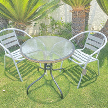 BTExpert Indoor Outdoor 28" Round Tempered Glass Metal Table Brown Rattan Trim + 2 Silver Gray Restaurant Metal Aluminum Slat Stack Chairs Lightweight