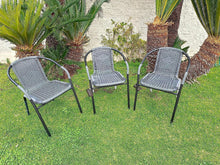 BTExpert Indoor Outdoor 27.5" Square Restaurant Table Stainless Steel Silver Aluminum + 3 Gray Restaurant Rattan Stack Chairs Commercial Lightweight