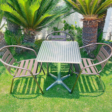 BTExpert Indoor Outdoor 23.75" Square Restaurant Table Stainless Steel Silver Aluminum + 3 Bronze Metal Slat Stack Chairs Commercial Lightweight