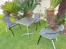 BTExpert Indoor Outdoor 27.5" Square Restaurant Table Stainless Steel Silver Aluminum + 3 Gray Restaurant Rattan Stack Chairs Commercial Lightweight