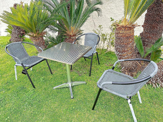 BTExpert 27.5" Square Restaurant Table Stainless Steel with 3 Gray Rattan Stack Chairs, Indoor Outdoor Commercial Lightweight