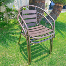 BTExpert Indoor Outdoor 27.5" Square Restaurant Table Stainless Steel Silver Aluminum + 2 Bronze Metal Slat Stack Chairs Commercial Lightweight