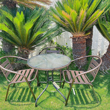 BTExpert Indoor Outdoor 28" Round Tempered Glass Metal Table Brown Rattan Trim + 3 Bronze Restaurant Metal Aluminum Slat Stack Chairs Lightweight