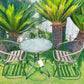 BTExpert 28" Round Glass Metal Table Brown Rattan Trim with 2 Bronze Slat Stack Chairs, Indoor Outdoor Lightweight