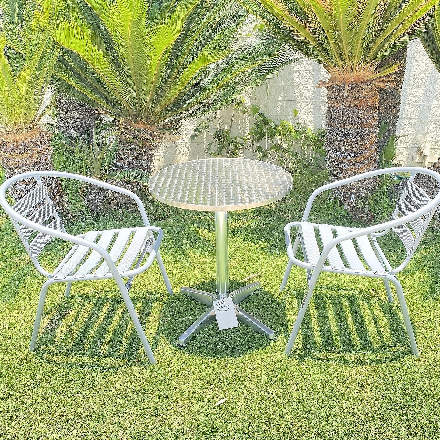 BTExpert 23.75" Round Stainless Steel Table + 2 Silver Gray Slat Chairs, Indoor Outdoor Commercial Lightweight