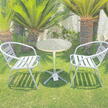 BTExpert Indoor Outdoor 23.75" Round Restaurant Table Stainless Steel Silver Aluminum + 2 Silver Gray Metal Slat Stack Chairs Commercial Lightweight