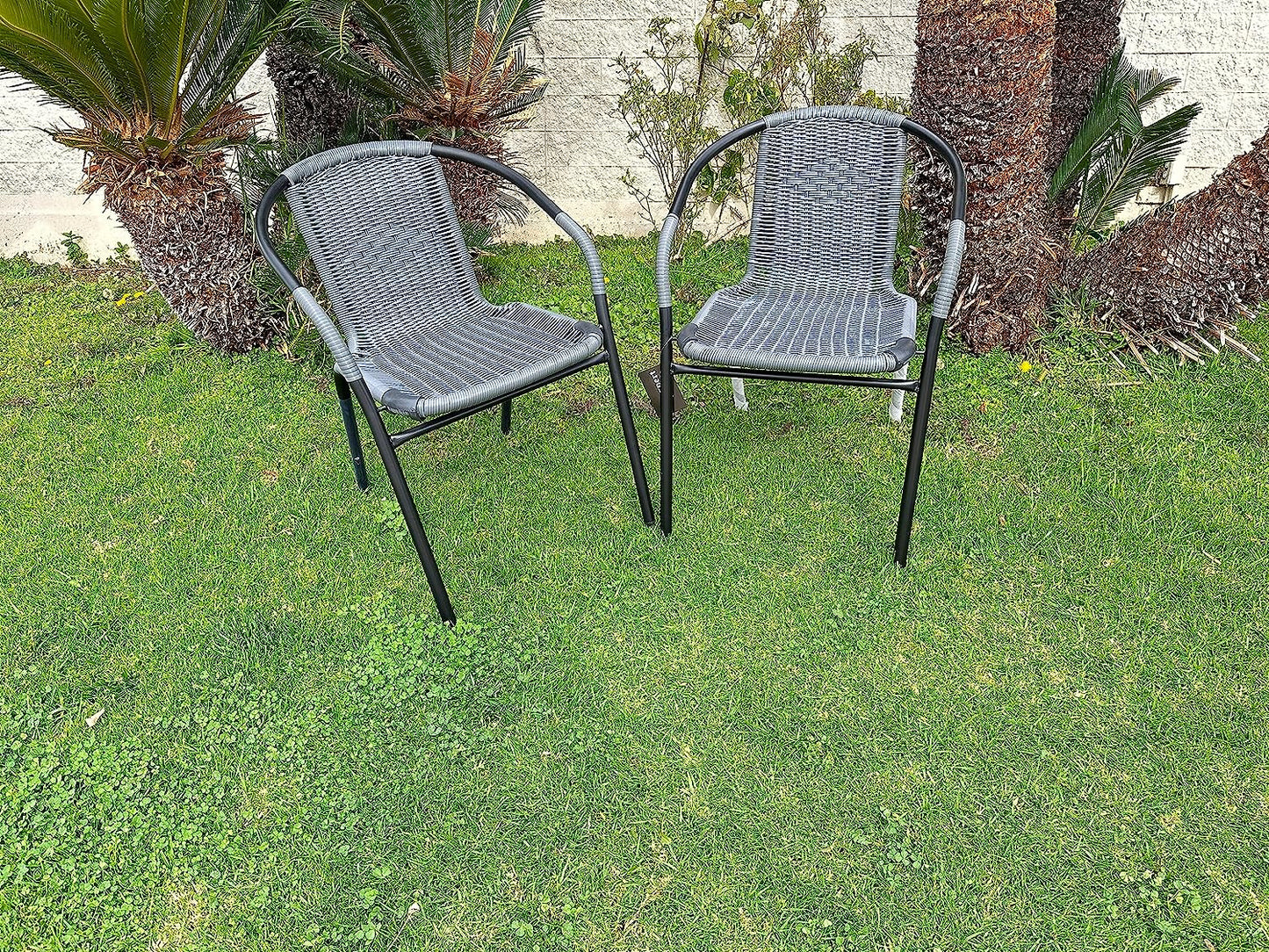 BTExpert 27.5" Square Restaurant Table Stainless Steel with 2 Gray Rattan Stack Chairs, Indoor Outdoor Commercial Lightweight