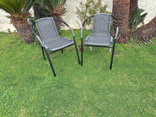 BTExpert Indoor Outdoor 27.5" Square Restaurant Table Stainless Steel Silver Aluminum + 2 Gray Restaurant Rattan Stack Chairs Commercial Lightweight