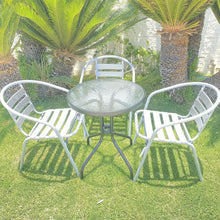 BTExpert Indoor Outdoor 23.75" Round Tempered Glass Metal Table Black + 3 Silver Gray Restaurant Metal Aluminum Slat Stack Chairs Lightweight