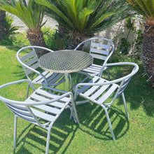 BTExpert Indoor Outdoor 27.5" Round Restaurant Table Stainless Steel Silver Aluminum + 4 Silver Gray Metal Slat Stack Chairs Lightweight