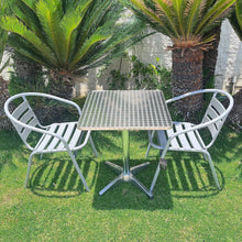 BTExpert Indoor Outdoor 27.5" Square Restaurant Table Stainless Steel Silver Aluminum + 2 Silver Gray Metal Slat Stack Chairs Commercial Lightweight