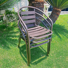 BTExpert Indoor Outdoor 28" Round Tempered Glass Metal Table Brown Rattan Trim + 3 Bronze Restaurant Metal Aluminum Slat Stack Chairs Lightweight