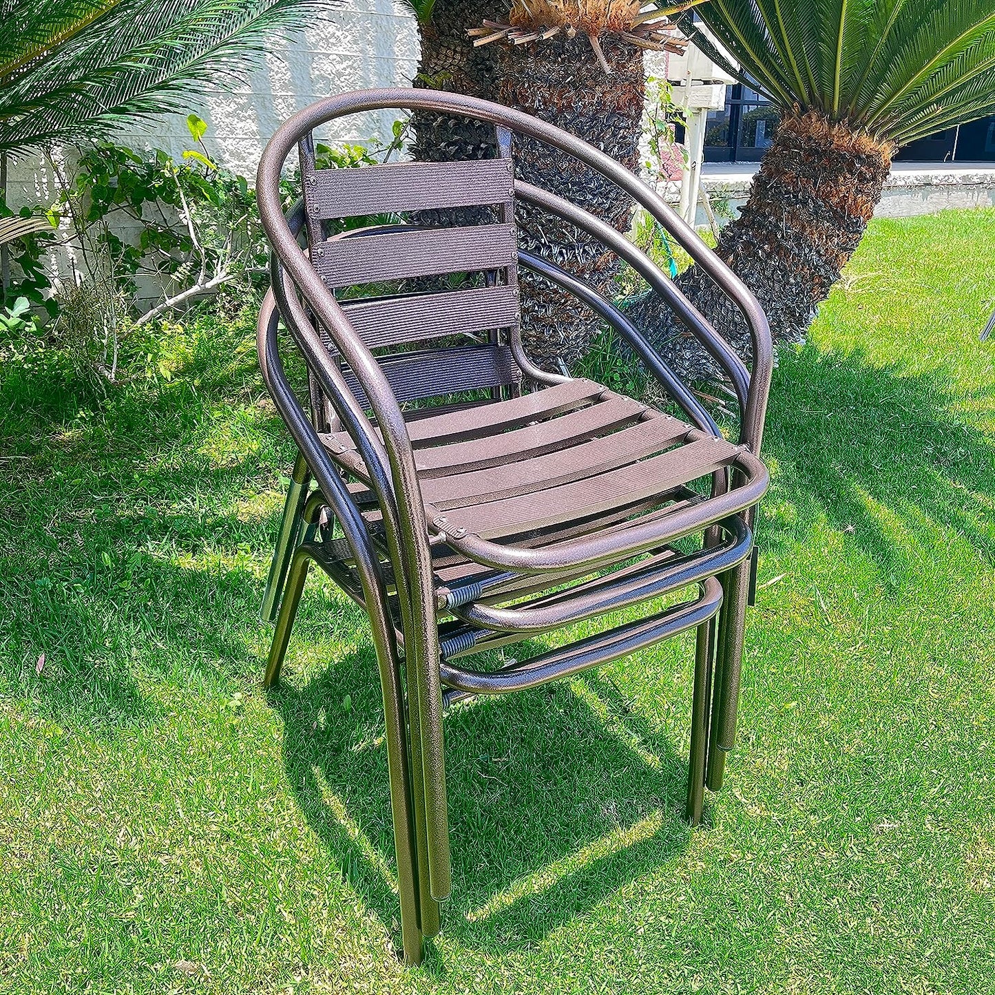 BTExpert Indoor Outdoor 23.75" Round Restaurant Table Stainless Steel Silver Aluminum + 3 Bronze Metal Slat Stack Chairs