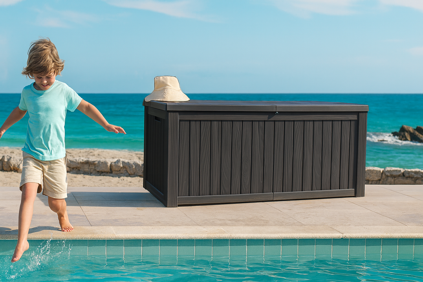 BTEXPERT 80 Gallon Deck Box Outdoor Storage Container Stainless Steel Rods for Patio Furniture Garden Tools Cushions Pool Supplies Sports Equipment Waterproof Lockable UV Resistant Set of 2