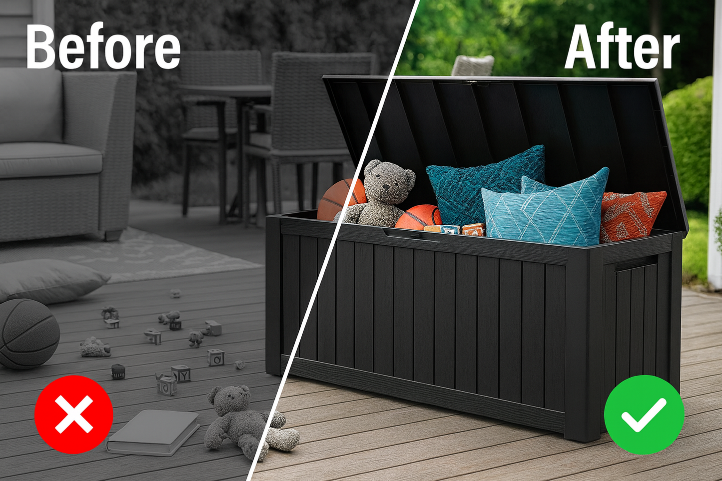 BTEXPERT 75 Gallon Resin Deck Box, Outdoor Storage Container for Patio Furniture Garden Tools Cushions Pool Sports Equipment Waterproof Lockable Stainless Steel insert UV Resistant Set of 2