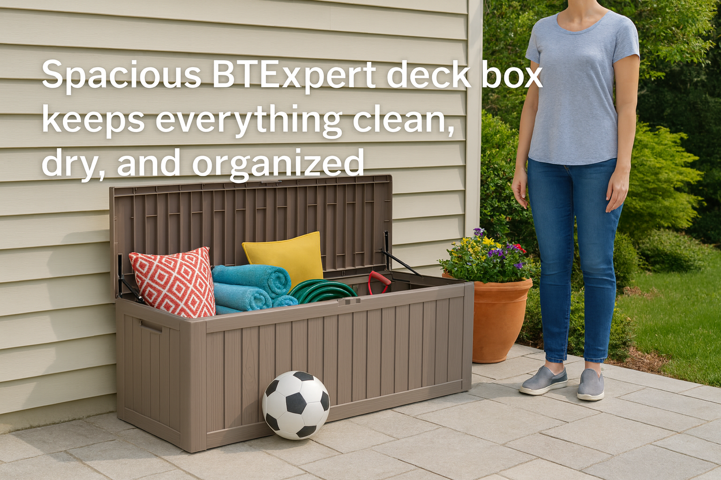 BTEXPERT 80 Gallon Deck Box Outdoor Storage Container Stainless Steel Rods for Patio Furniture Garden Tools Cushions Pool Supplies Sports Equipment Waterproof Lockable UV Resistant Set of 2