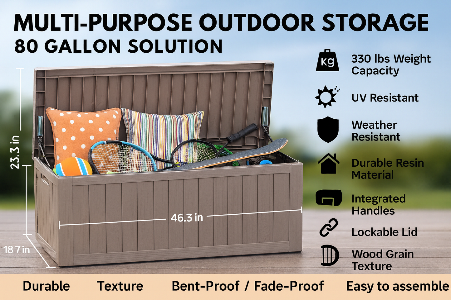 BTEXPERT 80 Gallon Deck Box Outdoor Storage Container Stainless Steel Rods for Patio Furniture Garden Tools Cushions Pool Supplies Sports Equipment Waterproof Lockable UV Resistant Set of 2