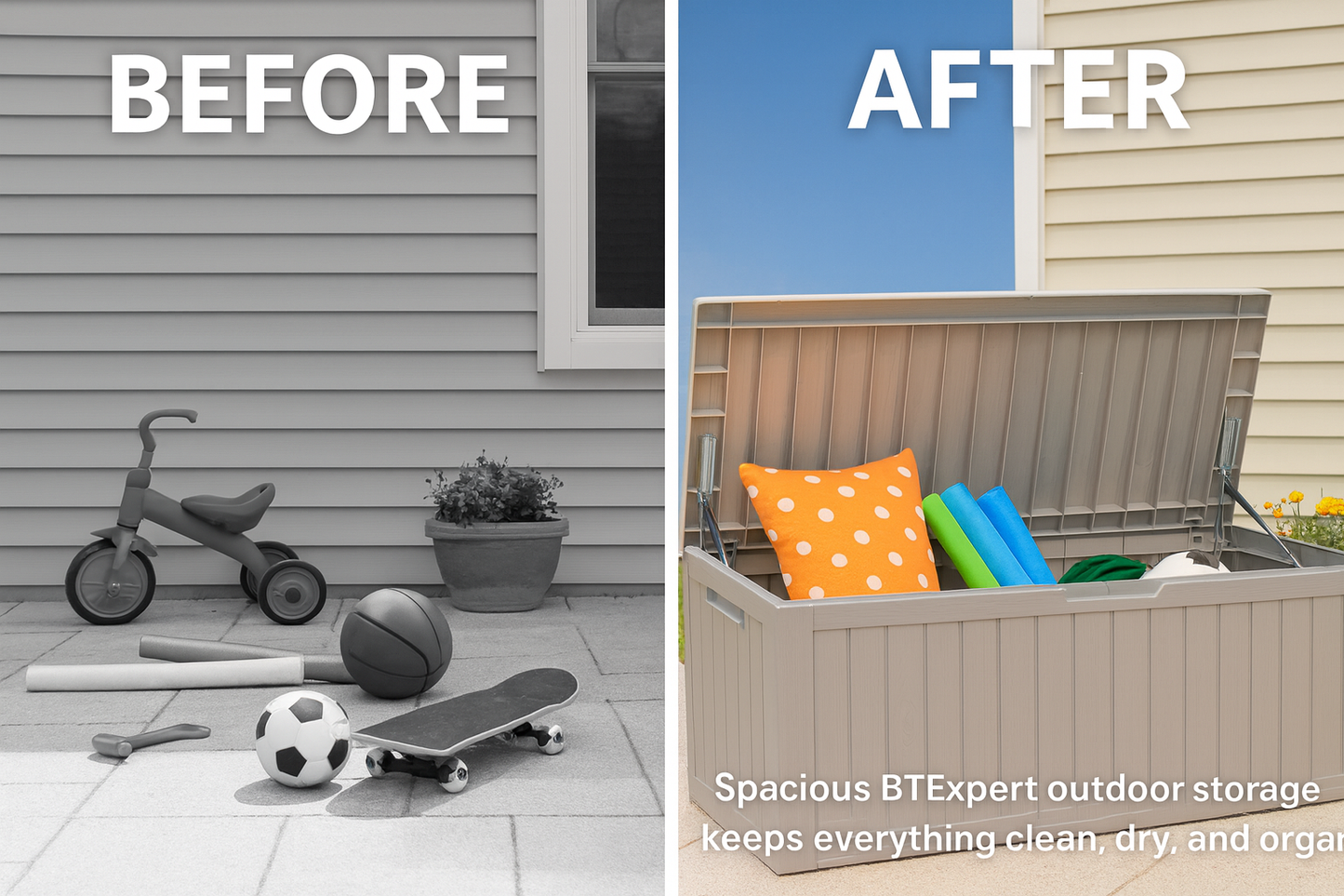 BTEXPERT 80 Gallon Deck Box Outdoor Storage Container Stainless Steel Rods for Patio Furniture Garden Tools Cushions Pool Supplies Sports Equipment Waterproof Lockable UV Resistant Set of 2