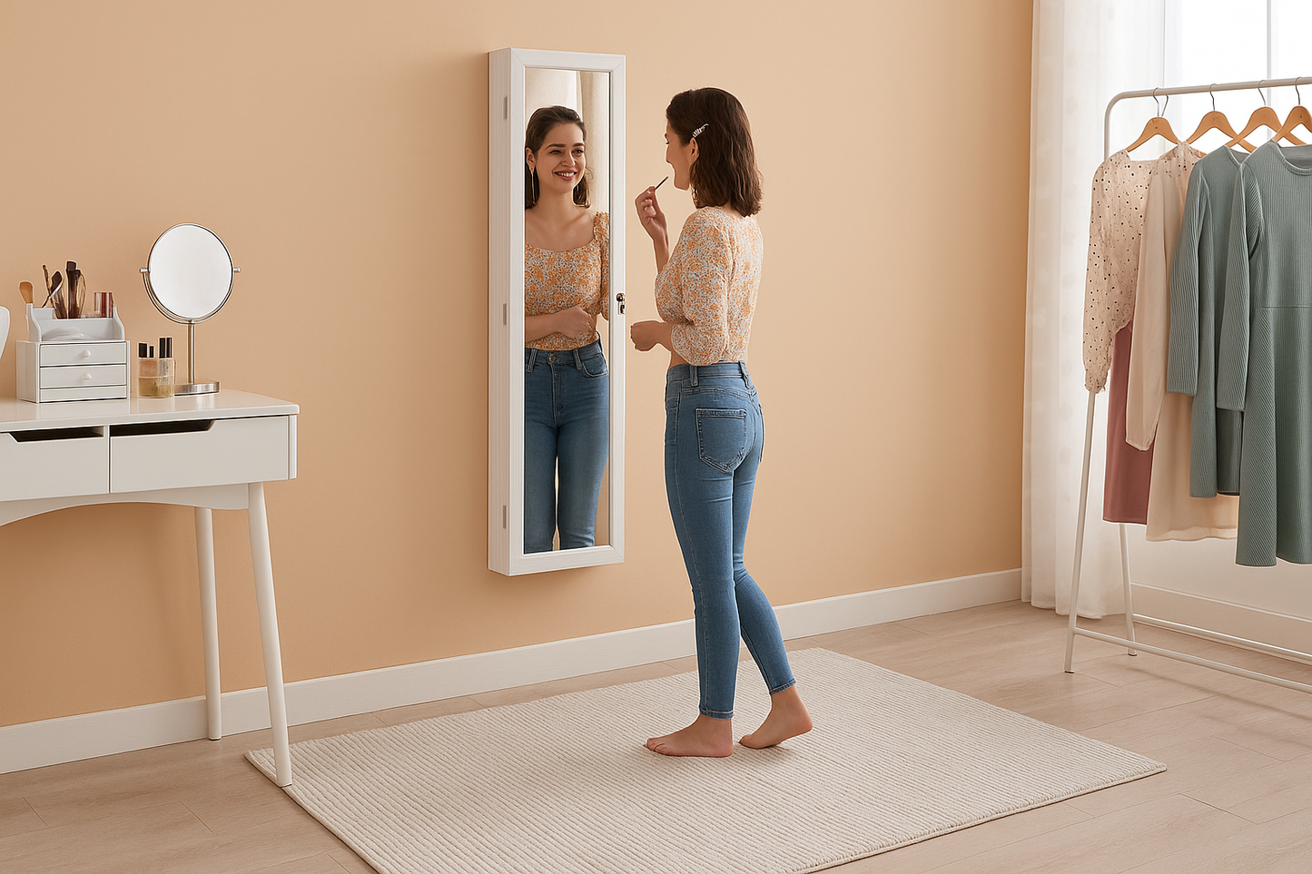 BTEXPERT 47" Mirror Jewelry Cabinet Armoire with 6 LED Lights, Large Full Length Jewelry Organizer with Storage, Wall-Mounted or Door-Hanging Mirror Cabinet, Dove White, Lock Key