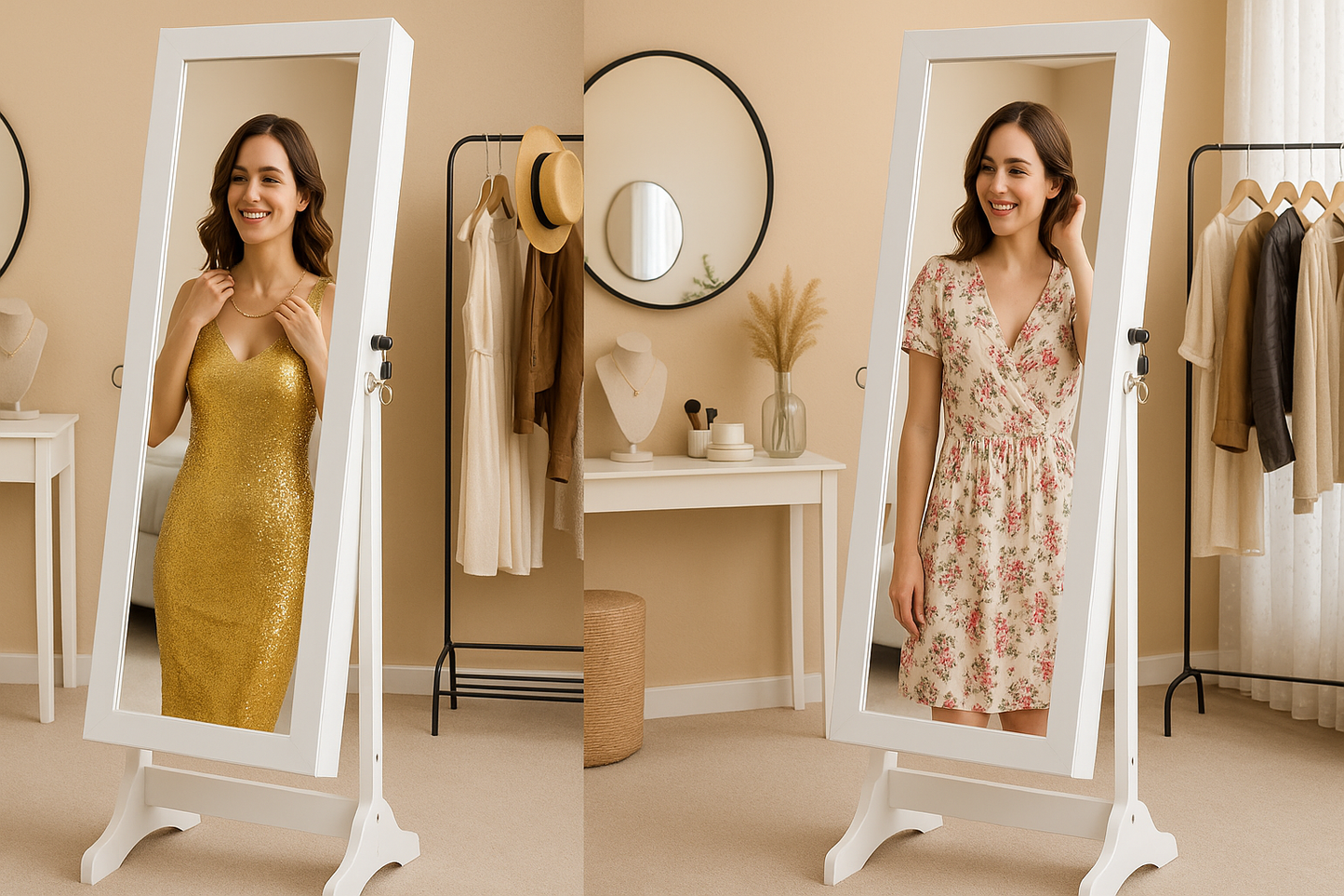 BTEXPERT Mirror Jewelry Cabinet Standing, Large Storage Jewelry Armoire, Full-Length  Mirror with Jewelry Storage, 12 LED Lockable Standing Jewelry Organizer White