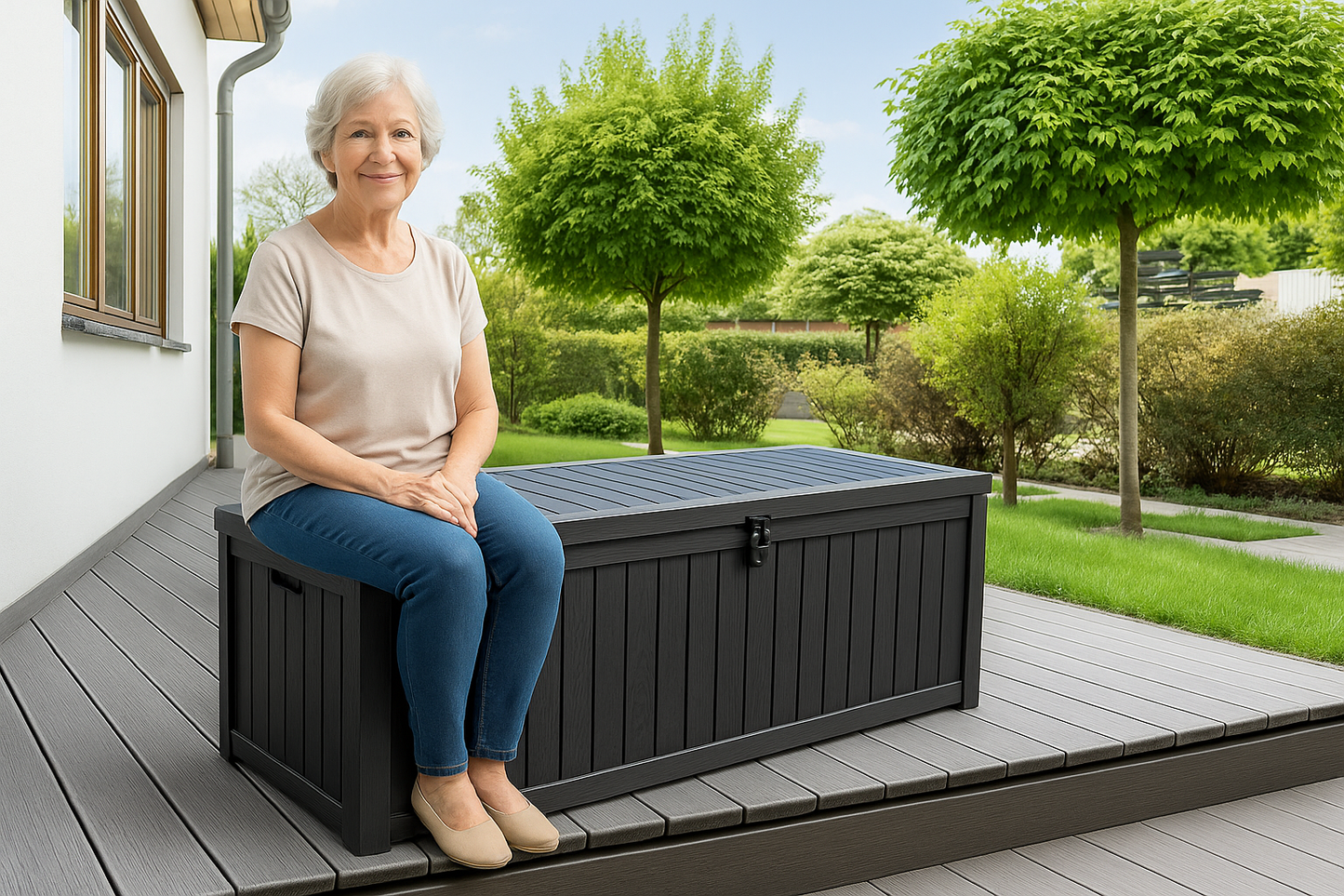 BTEXPERT 150 Gallon Large Resin Deck Box, Outdoor Storage Container with Metal Rods & Partition for Patio Furniture Cushions Garden Tools Equipment Waterproof Lockable UV Resistant