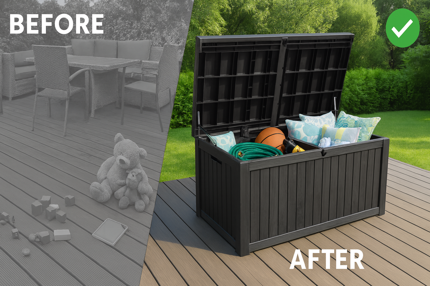 BTEXPERT 150 Gallon Large Resin Deck Box, Outdoor Storage Container with Metal Rods & Partition for Patio Furniture Cushions Garden Tools Equipment Waterproof Lockable UV Resistant