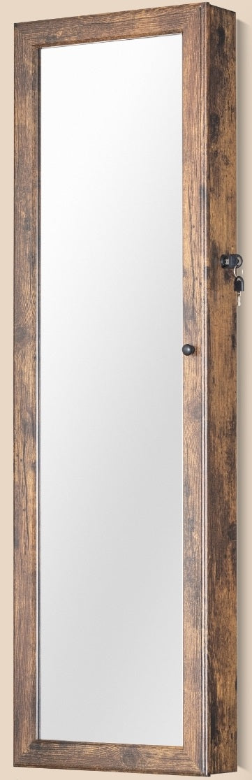 BTEXPERT 47" Mirror Jewelry Cabinet Armoire with 6 LED Lights, Large Full Length Jewelry Organizer with Storage, Wall-Mounted or Door-Hanging Mirror Cabinet, Rustic Brown,Lock Key