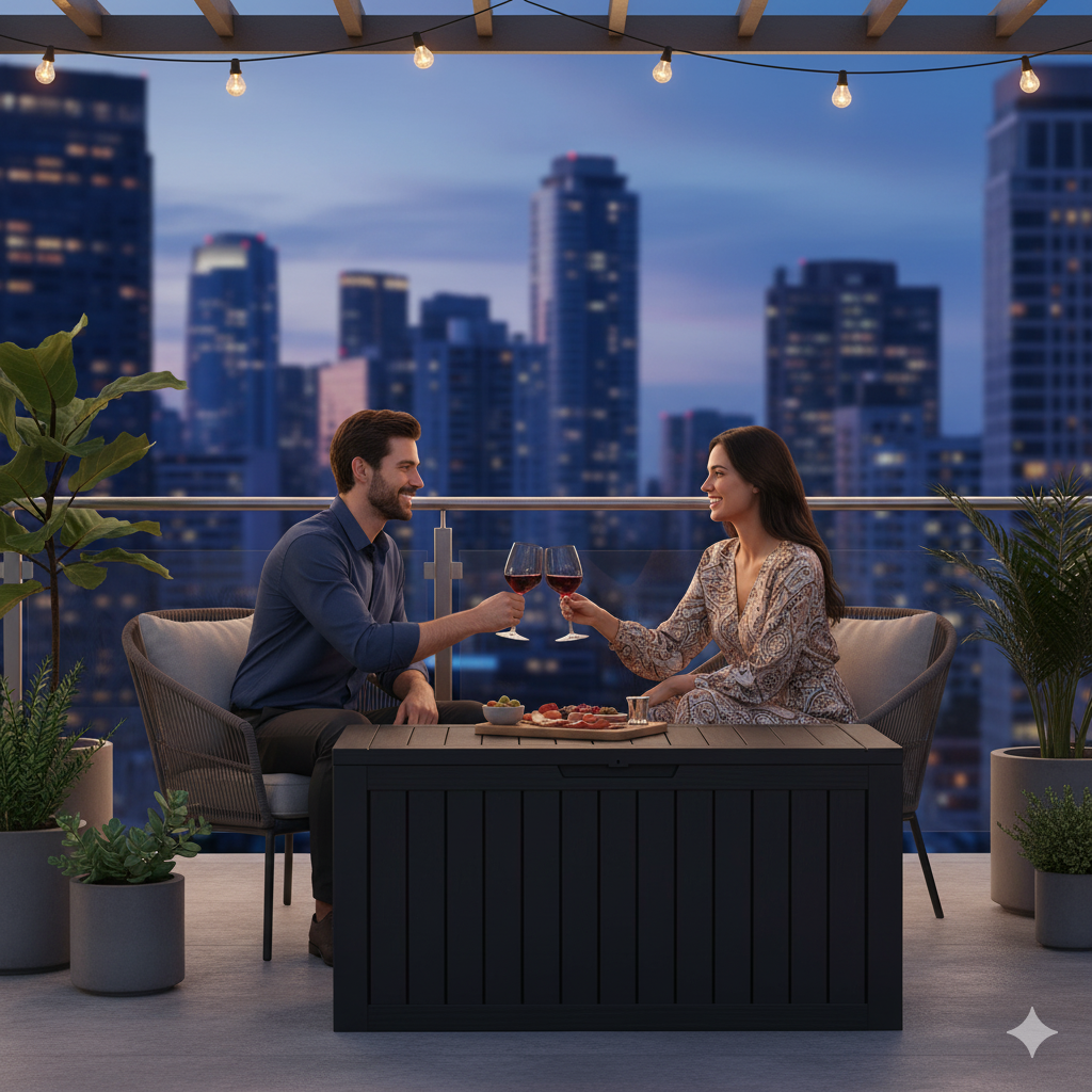 BTEXPERT 75 Gallon Resin Deck Box, Outdoor Storage Container for Patio Furniture Garden Tools Cushions Pool Sports Equipment Waterproof Lockable Stainless Steel insert UV Resistant Set of 2