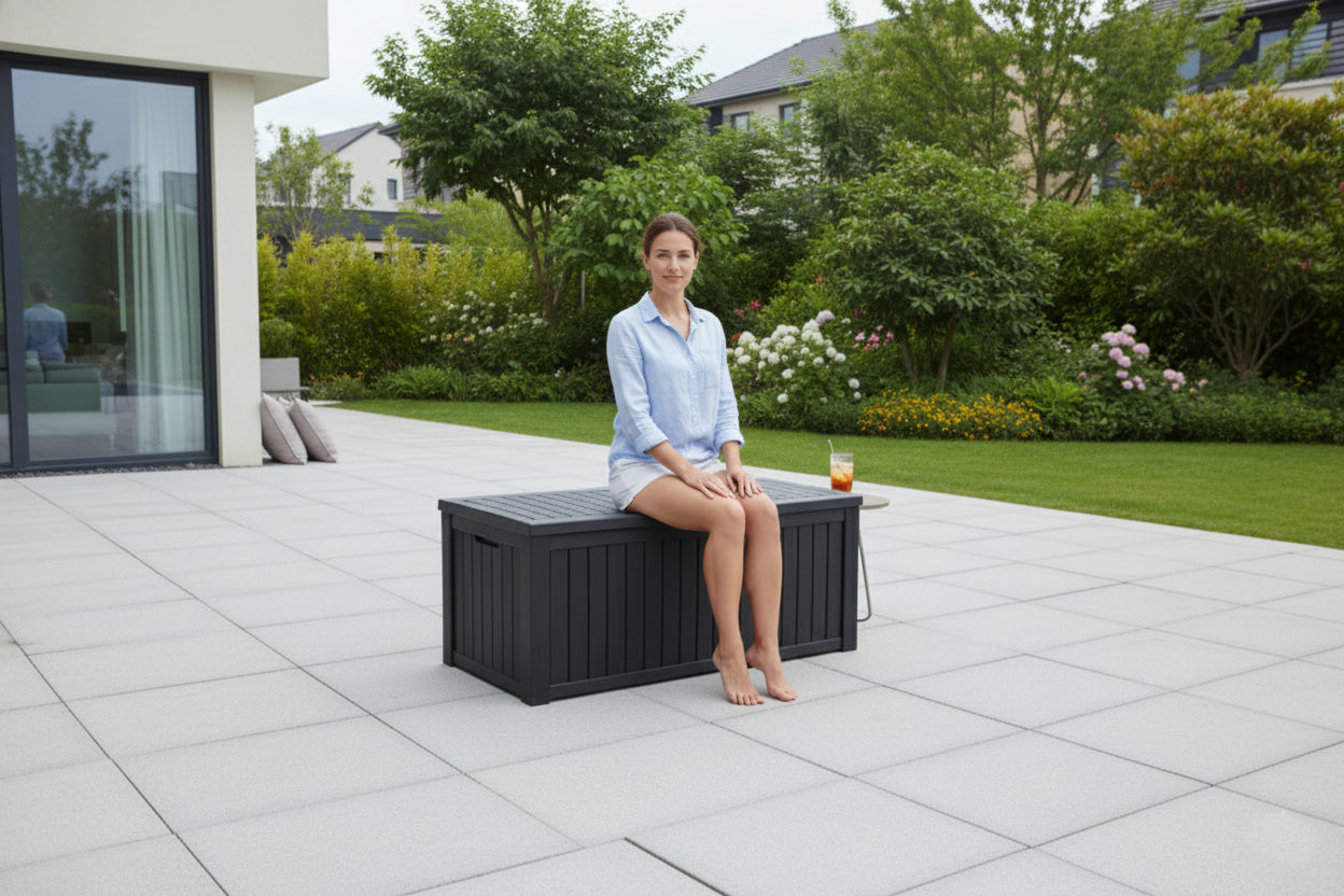 BTEXPERT 150 Gallon Large Resin Deck Box, Outdoor Storage Container with Metal Rods & Partition for Patio Furniture Cushions Garden Tools Equipment Waterproof Lockable UV Resistant