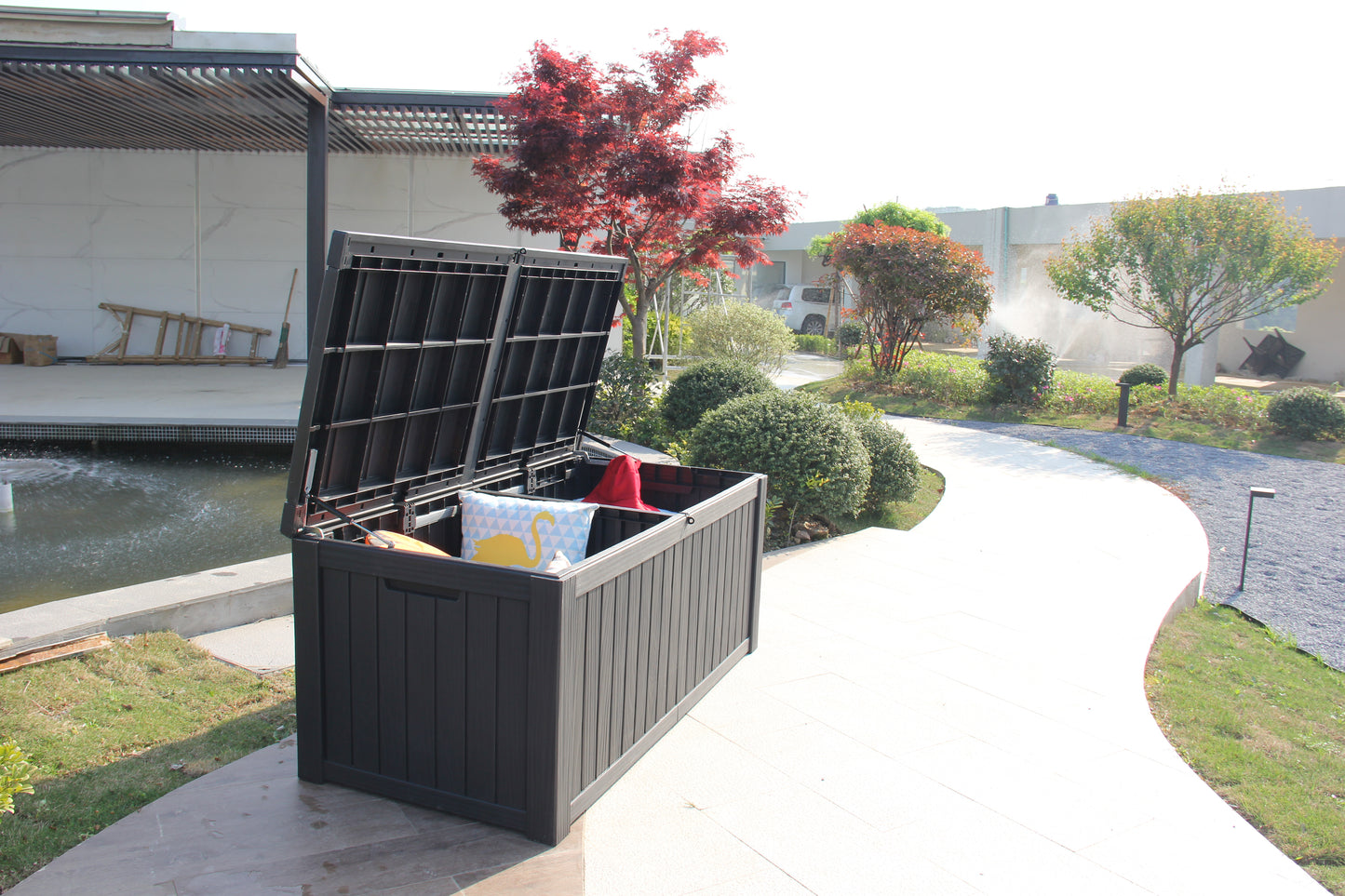 BTEXPERT 150 Gallon Large Resin Outdoor Deck Box for Patio Furniture Cushions Garden Tools Waterproof Lockable Stainless Steel Metal insert rod