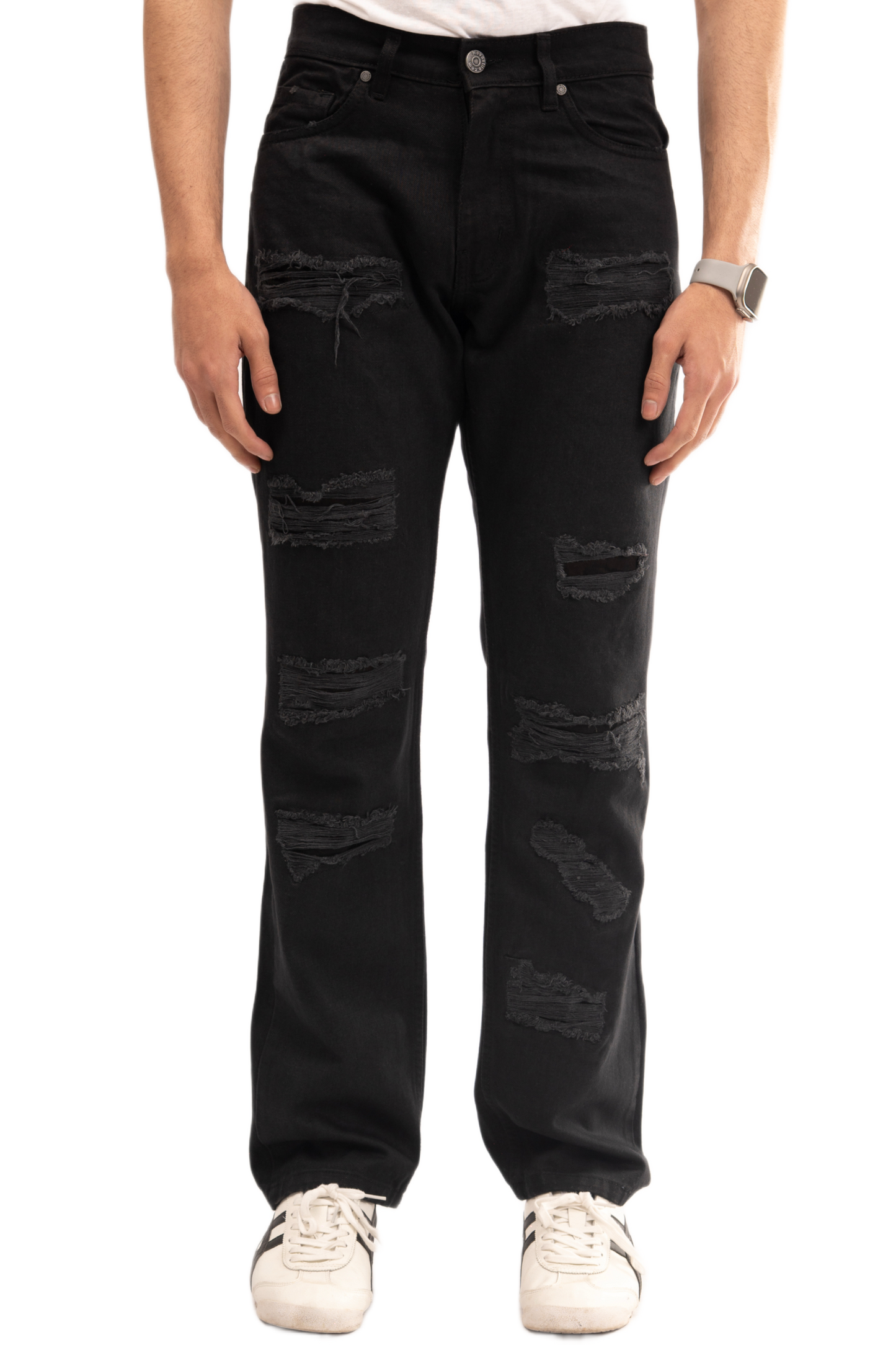 NOVASTILE Men’s Black Ripped Jeans Rigid Distressed Straight Leg Denim Pants Casual Streetwear Mid Rise Loose Relaxed Fit 5 Pocket Comfortable Everyday Wear Urban Style Trendy Fashion M1 Black 28