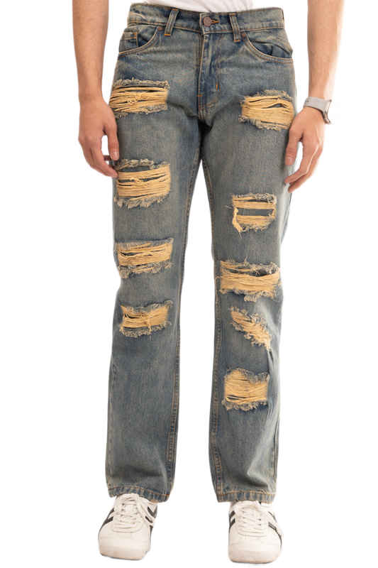 BTEXPERT Men’s Vintage Rip & Repair Jeans Loose Relaxed Straight Denim Pants Faded Wash Retro Y2K Style Frayed Rigid Distressed Mid Waist Casual Streetwear Everyday Look M1 Light Tint 38