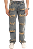 NOVASTILE Men’s Vintage Rip Repair Jeans Contrast Thread Rigid Distressed Denim Pants Relaxed Straight Fit Faded Wash Y2K Grunge Streetwear Heavy Destroyed Retro Style M2 Light Tint 36