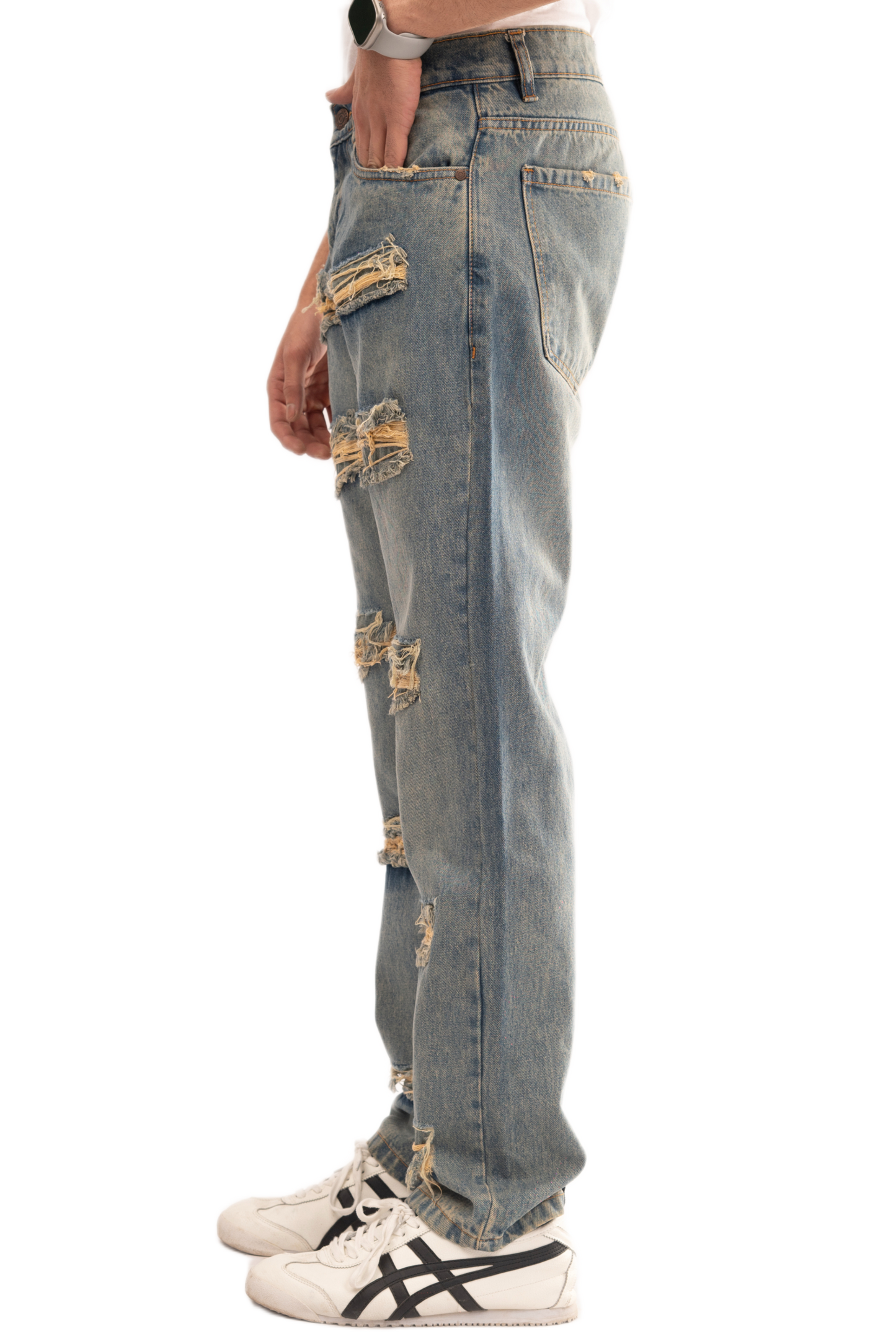 NOVASTILE Men’s Vintage Rip Repair Jeans Contrast Thread Rigid Distressed Denim Pants Relaxed Straight Fit Faded Wash Y2K Grunge Streetwear Heavy Destroyed Retro Style M2 Light Tint 36