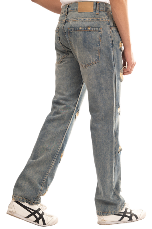 BTEXPERT Men’s Vintage Rip Repair Jeans Contrast Thread Rigid Distressed Denim Pants Relaxed Straight Fit Faded Wash Y2K Grunge Streetwear Heavy Destroyed Retro Style M2 Light Tint 34