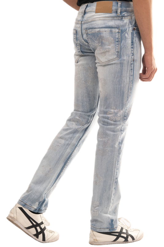 BTEXPERT Mens  Jeans,  Rhinestone Embellished  Slim Fit Straight Leg Stretch  Denim Pants, Fashion Streetwear Jeans for Men, Comfortable Casual Daily Wear M3 Light Blue 32