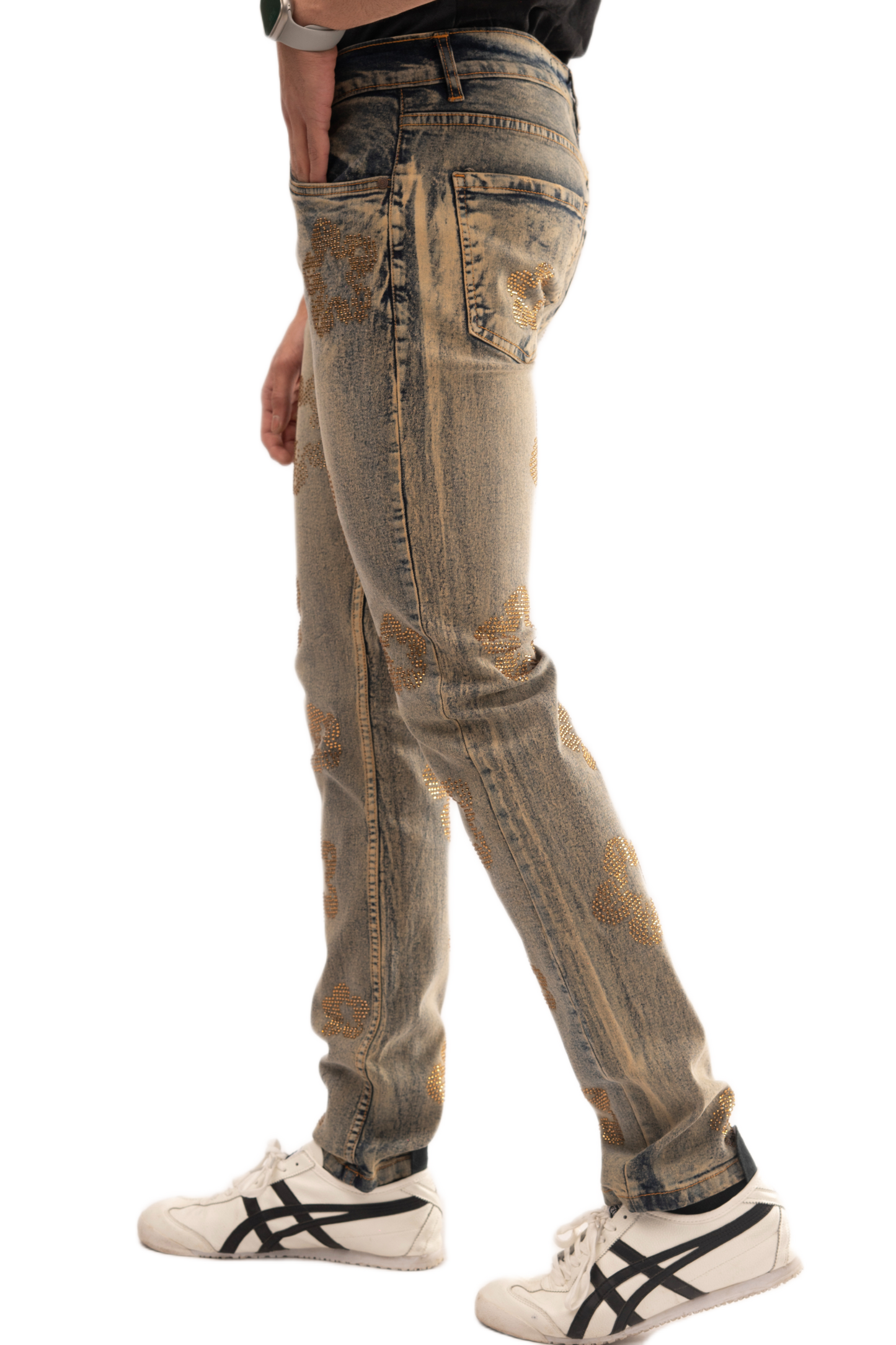 NOVASTILE Mens Rhinestone Jeans Slim fit Straight leg Denim Pants Vintage Wash Embellished Floral Design Designer Fashion Streetwear Casual Statement Jeans Comfortable Daily Wear M3 Light Tint 30