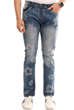 NOVASTILE Men’s Rhinestone Embellished Stretch Jeans Floral Studded Denim Pants Slim fit Straight leg Washed Blue Y2K Fashion Statement Designer Style Casual Party Wear M3 Blue 34