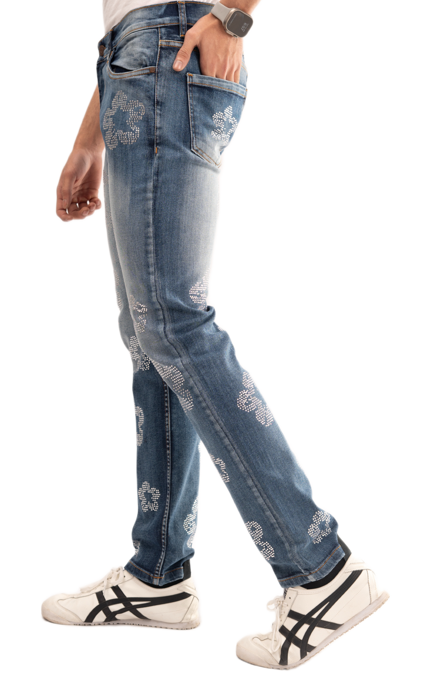 NOVASTILE Men’s Rhinestone Embellished Stretch Jeans Floral Studded Denim Pants Slim fit Straight leg Washed Blue Y2K Fashion Statement Designer Style Casual Party Wear M3 Blue 34