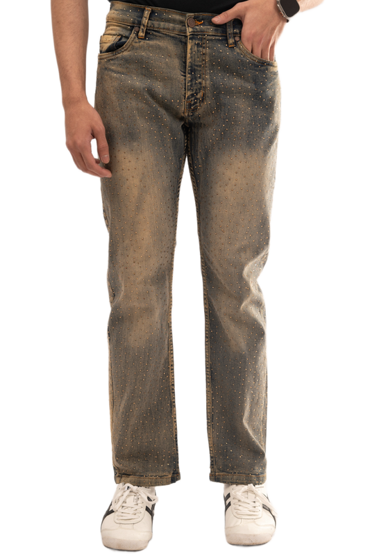 BTEXPERT Straight Fit Stretch Jeans Denim Pants With Rhinestone Studded Design Fashion Streetwear Comfortable 5-Pocket Statement Designer Style EveryDay Wear Light Wash Fade for Men M4 Light Tint