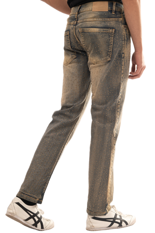 BTEXPERT Straight Fit Stretch Jeans Denim Pants With Rhinestone Studded Design Fashion Streetwear Comfortable 5-Pocket Statement Designer Style EveryDay Wear Light Wash Fade for Men M4 Light Tint