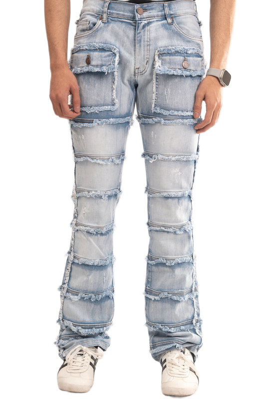 BTEXPERT Slim fit Straight leg Stretch Denim Jeans Cargo Pockets Distressed All Over Frayed Ripped Patchwork Stacked Design Streetwear Light Wash Statement Pants For Men Urban Style M5 Light Blue 38