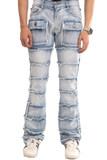 NOVASTILE Slim fit Straight leg Stretch Denim Jeans Cargo Pockets Distressed All Over Frayed Ripped Patchwork Stacked Design Streetwear Light Wash Statement Pants For Men Urban Style M5 Light Blue 32