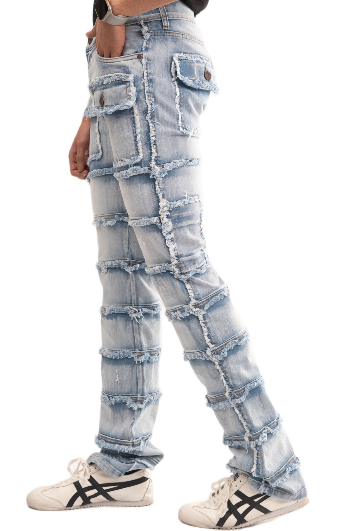 NOVASTILE Slim fit Straight leg Stretch Denim Jeans Cargo Pockets Distressed All Over Frayed Ripped Patchwork Stacked Design Streetwear Light Wash Statement Pants For Men Urban Style M5 Light Blue 32