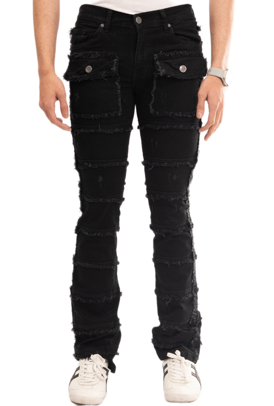 BTEXPERT Slim fit Straight leg Stretch Denim Jeans Cargo Pockets Distressed All Over Frayed Ripped Patchwork Stacked Design Streetwear Statement Pants Men M5 Black 36